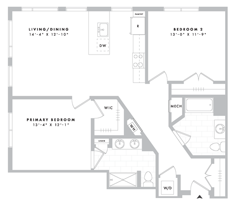 Floor plan for 2 beds, 2 baths, 1113 sqft